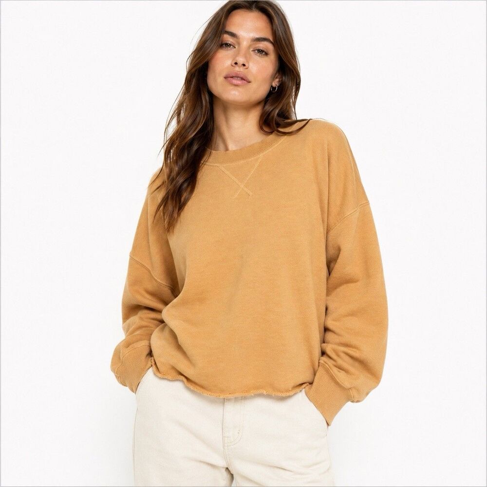 Z Supply Long Sleeve Crew Neck Sweater Mustard Boxy Raw Hem Collegiate Party S